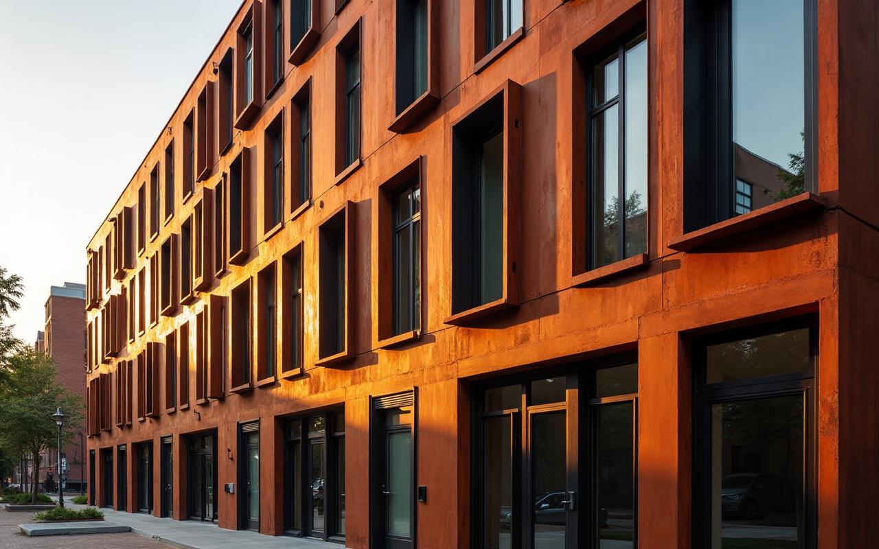 Building facade with aluminium window shrouds